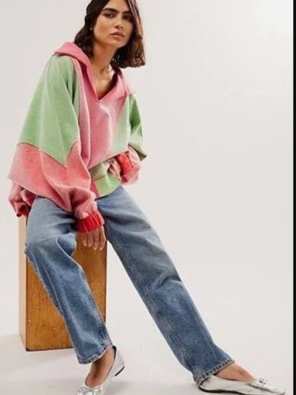 Free People Sidewalk Sweatshirt V Neck Dolman Sleeve Oversized Colorblock Top S